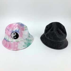 Ardene Tie Dye Yin & Yang Bucket Hat and Faded Black Denim Bucket Hat, One Size
